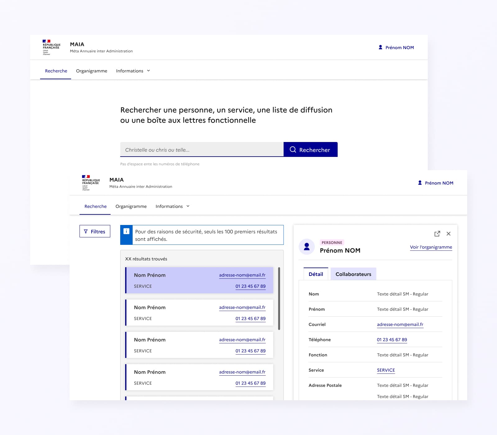 MAIA government directory search and profile screens