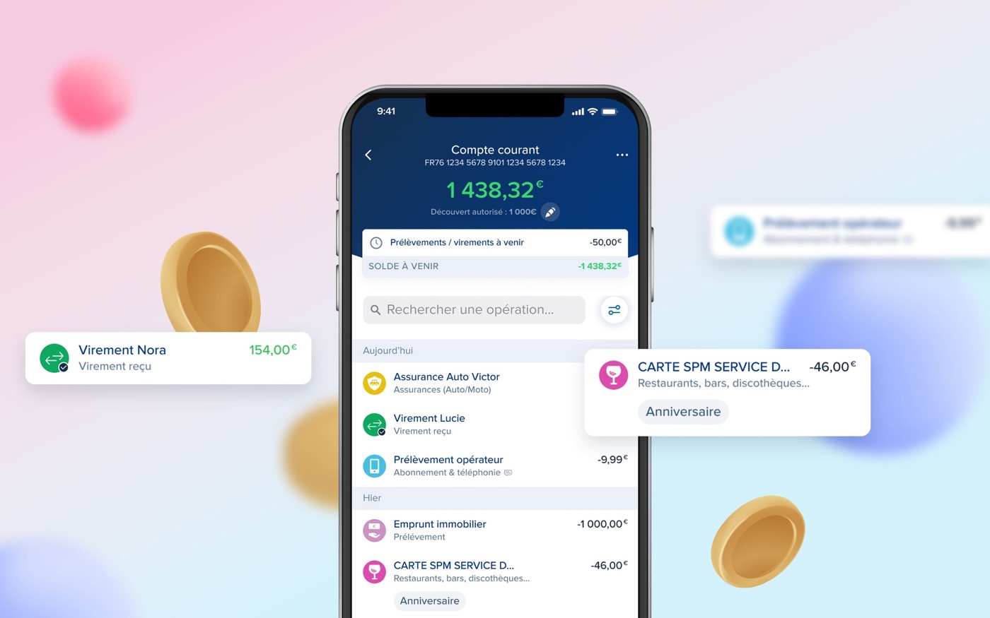 BoursoBank mobile app account screen, showing balance and recent transactions