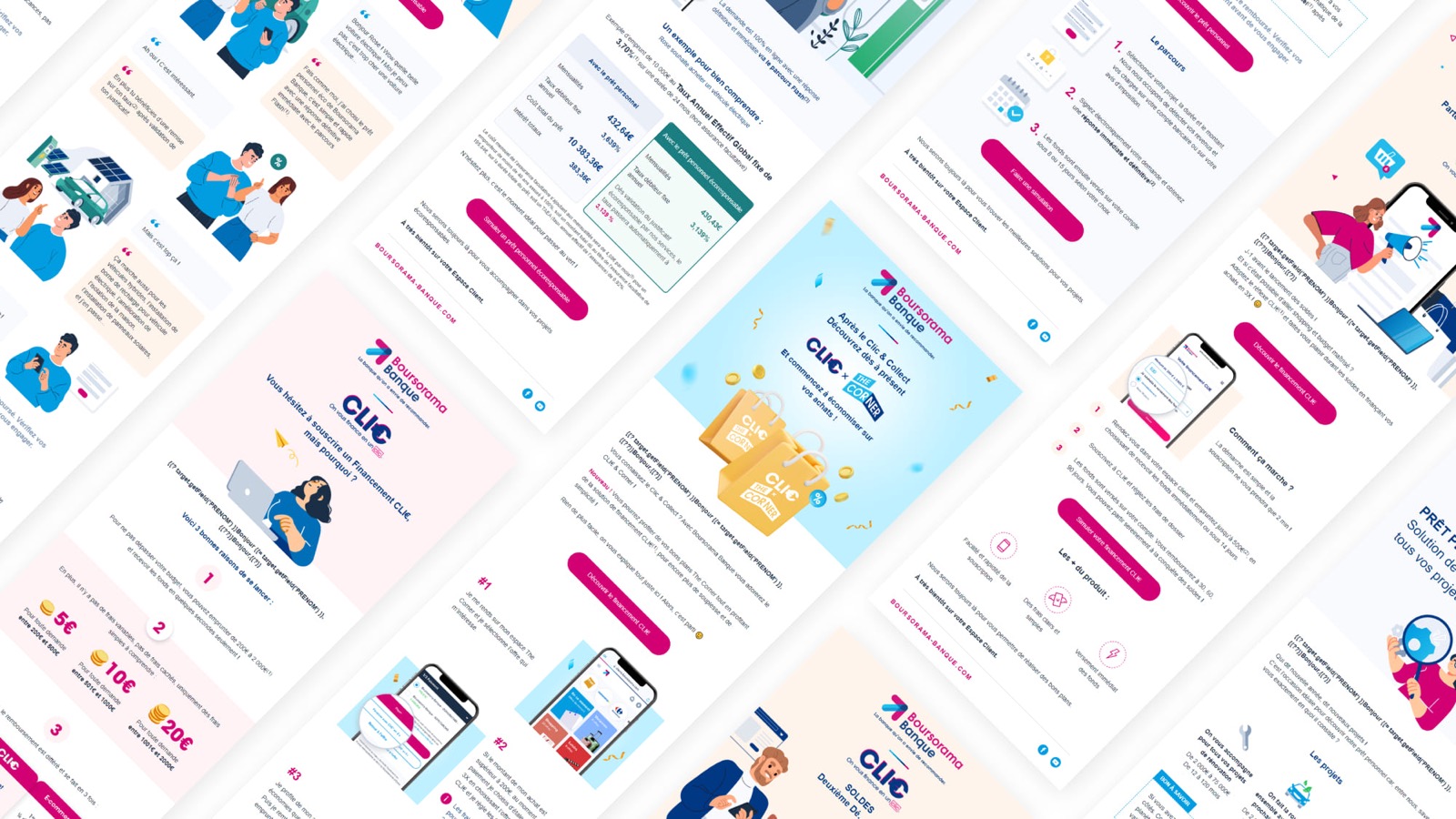 Collage of BoursoBank marketing campaign pages and illustrations