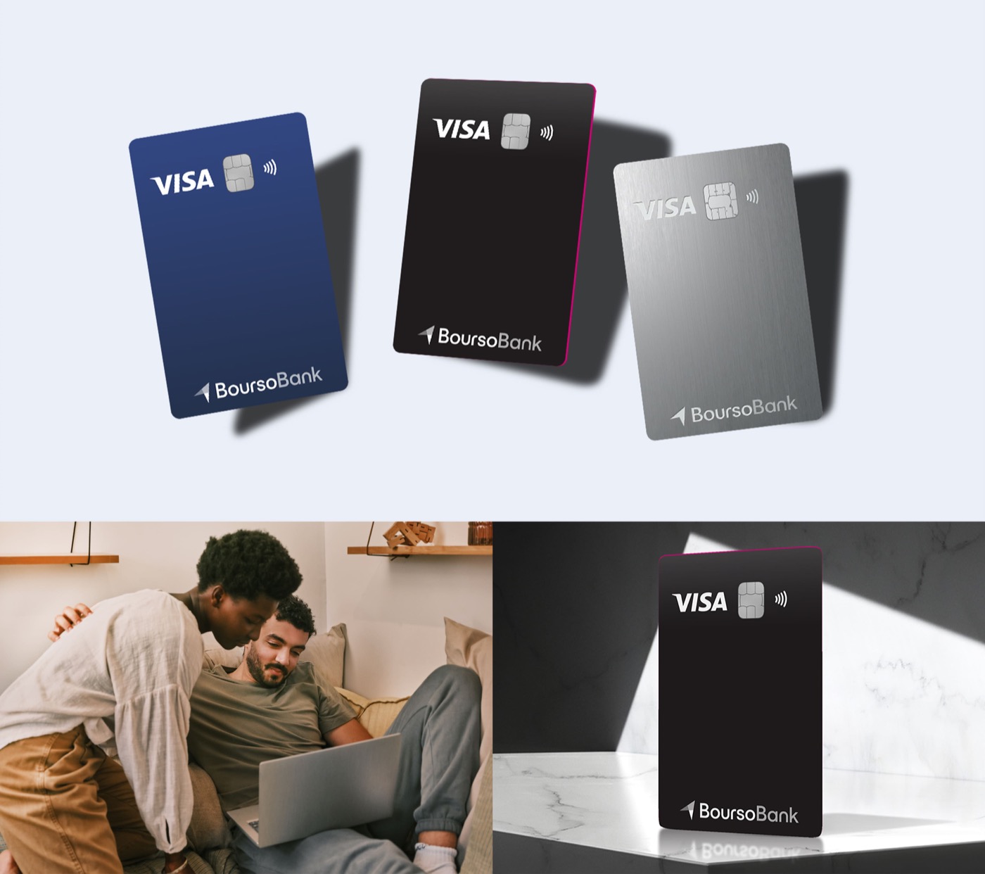 BoursoBank Visa card lineup and lifestyle brand photography