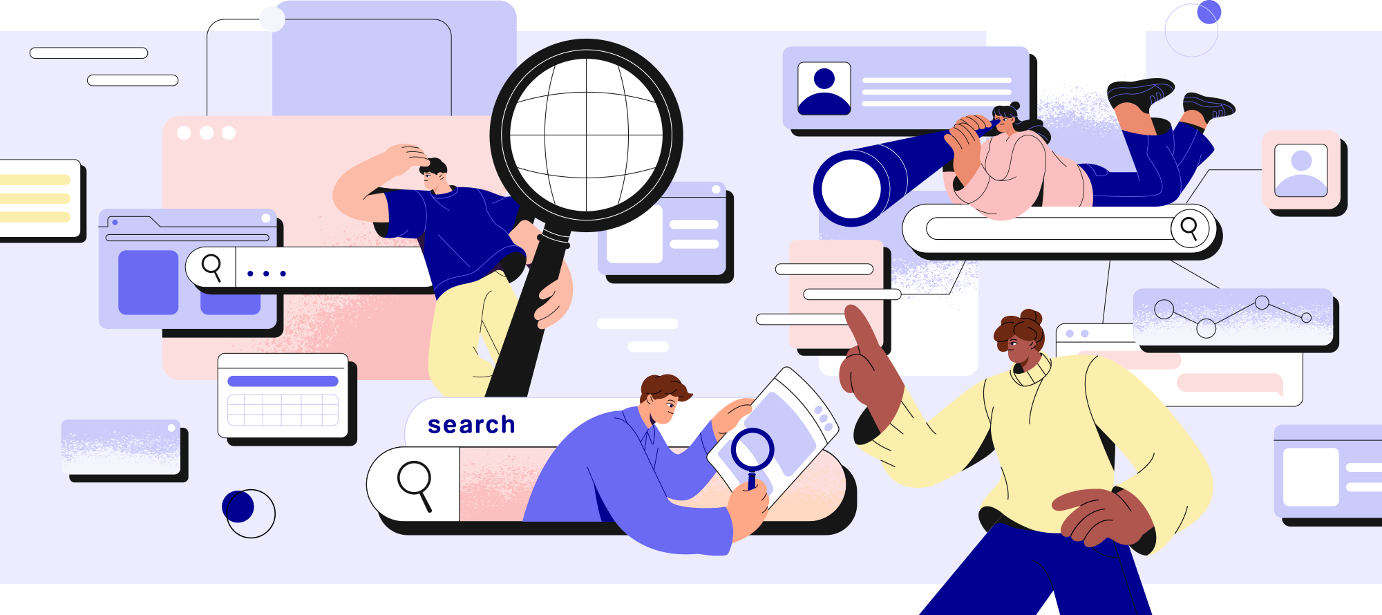 Illustration of people searching and exploring a digital directory