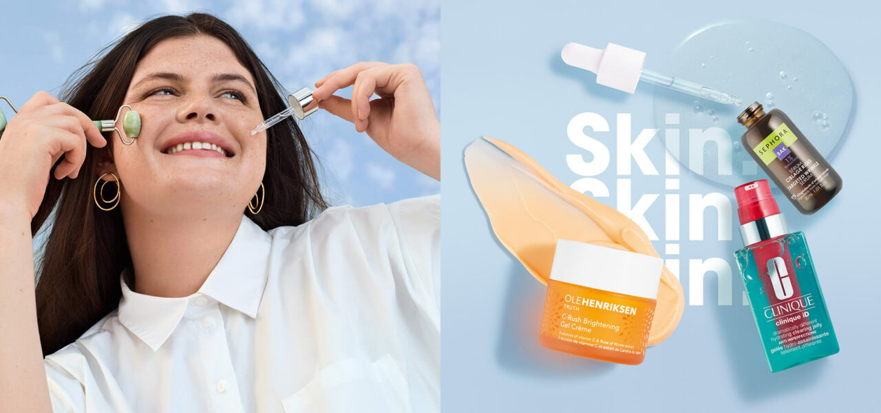 Sephora skincare campaign photography, close-up application shots beside product typography