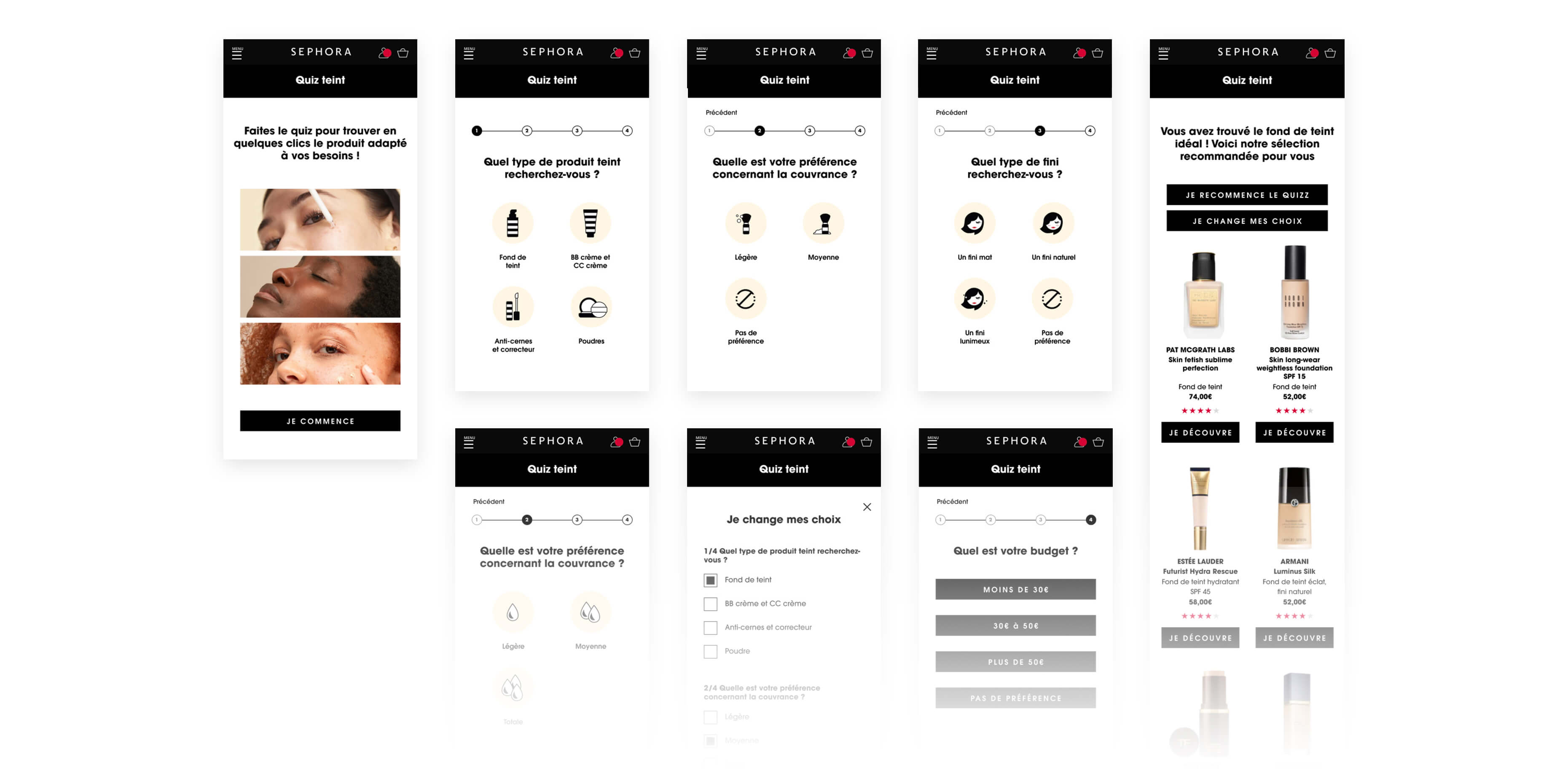 Quiz teint mobile screens: product type, coverage, finish, and budget steps leading to a foundation recommendation