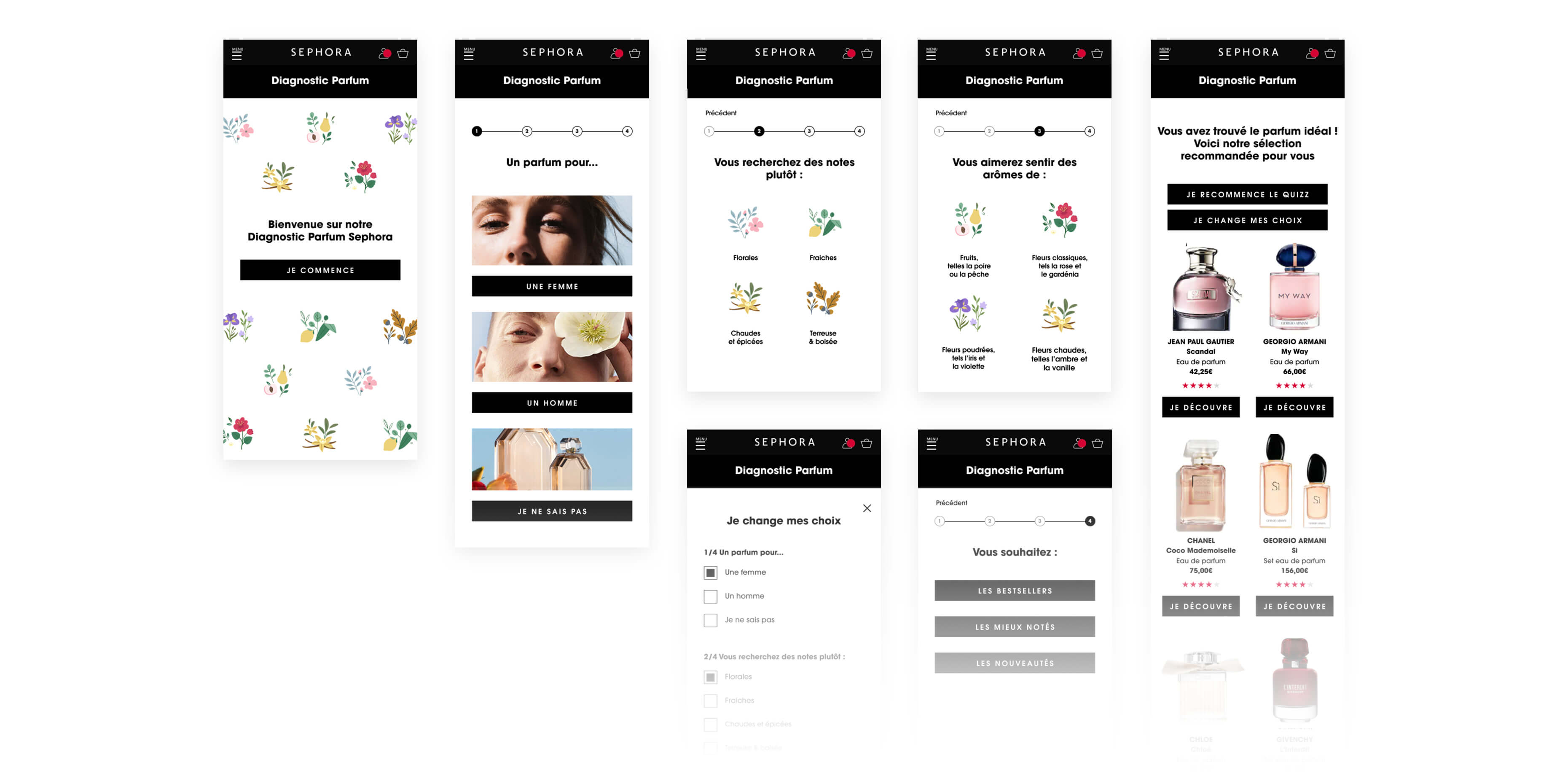 Diagnostic Parfum mobile screens: recipient, scent notes, and aroma steps leading to a fragrance recommendation