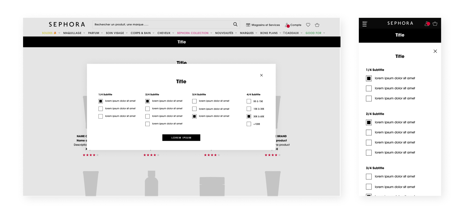 Gift Finder template wireframe: modification step with an editable filter panel